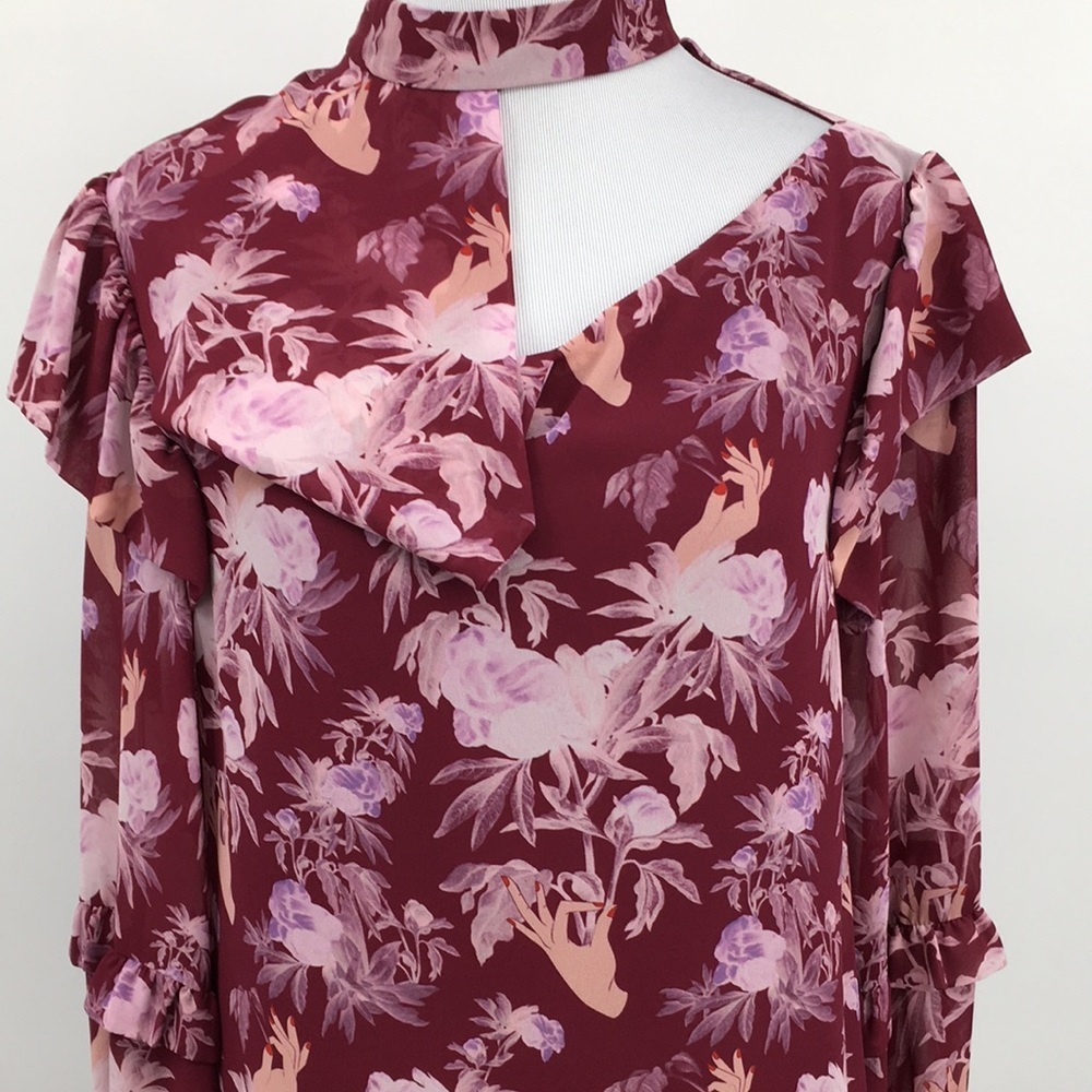 Three Floor Florry Top Womens 6 Purple Tropical Floral Print Bell Sleeve Hand